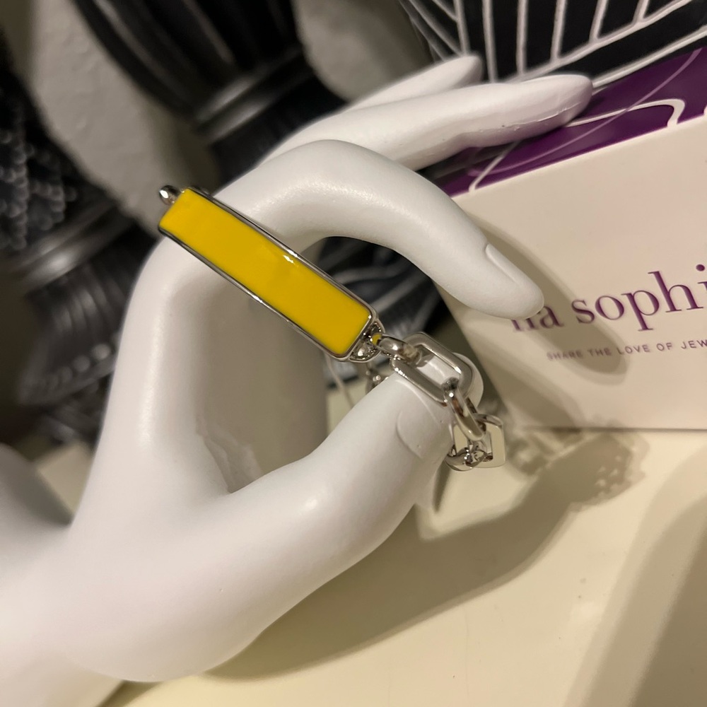 Lia Sophia Boutique Lemon Yellow Silver Plated Open Link ID Bracelet 8"